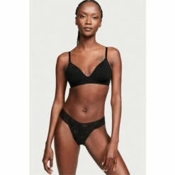 Victoria’s Secret Victoria's Secret Black Lacie Floral Stripe Thong Panty